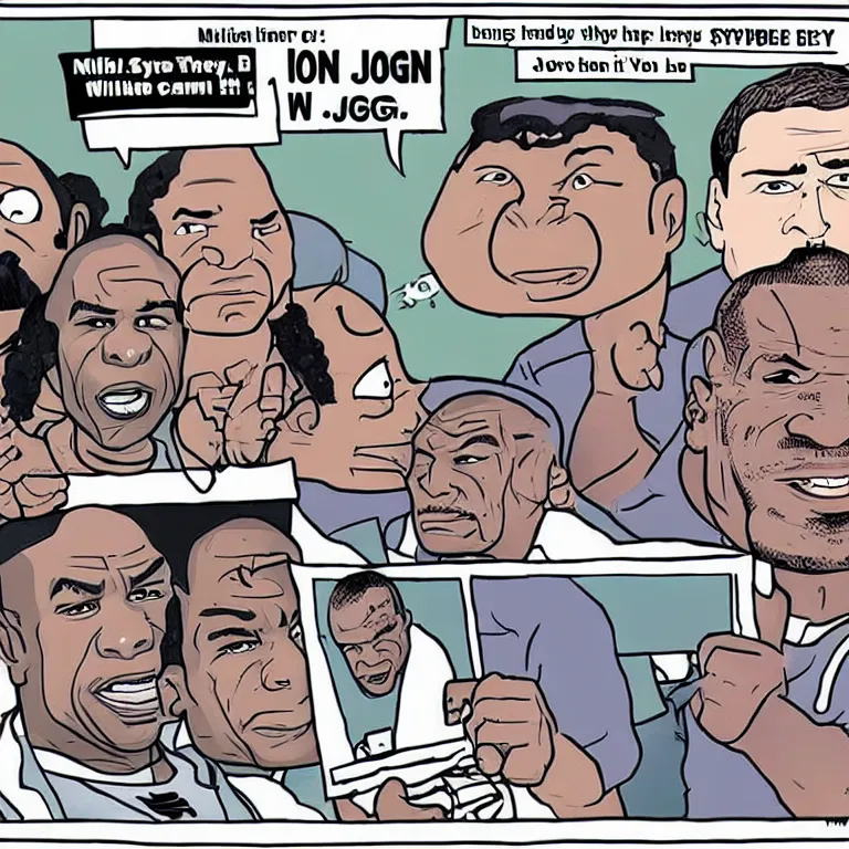 Prompt: Joe Rogan, Mike Tyson and an Alien in the style of a newspaper cartoon.