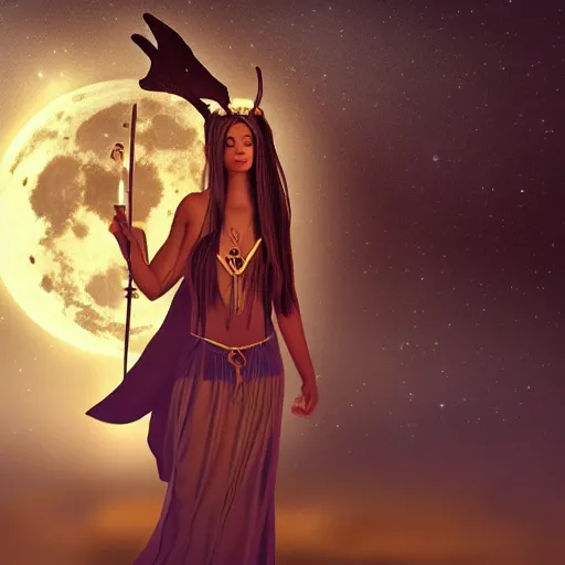 Image similar to mystical Druid woman under a full moon, nature, ambient lighting, art station, beautiful,