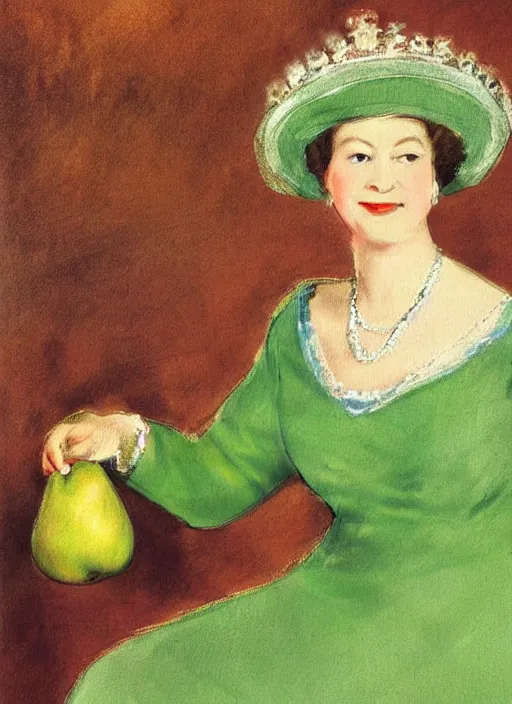 Prompt: vintage beautiful painting of queen elizabeth the first in a green skirt holding a pear in Mary Cassatt style