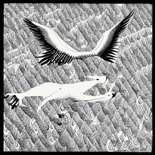 Prompt: a delicate pattern of white wolves transitioning into black geese by mc escher aerial view, black geese flying, white wolves, hexagonal pattern, crystallography, intricate details, ink shading, ink dots, mathematical interlocking, puzzle, screen print, lithography, frameless