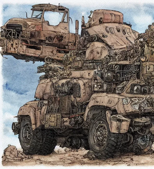 Image similar to a 3 / 4 view watercolor ink painting of a post - apocalyptic mad max / fallout style tank in the style of jean giraud in the style of moebius trending on artstation deviantart pinterest detailed realistic hd 8 k high resolution