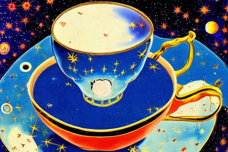 Prompt: painting of Starry cosmos trapped in vintage enameled cup of tea By Salvador Dali