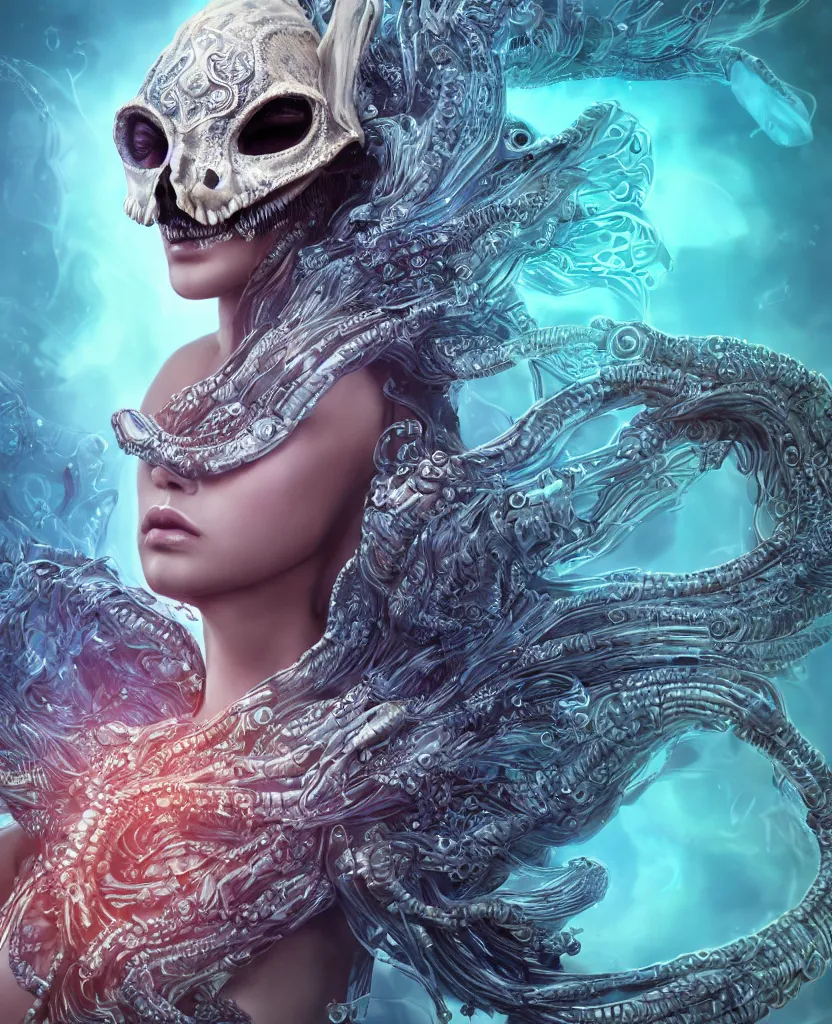 Image similar to close-up macro portrait of the face of a beautiful princess with animal skull mask, epic angle and pose, symmetrical artwork, 3d with depth of field, blurred background, cybernetic jellyfish female face skull phoenix bird, translucent, nautilus, energy flows of water and fire. a highly detailed epic cinematic concept art CG render. made in Maya, Blender and Photoshop, octane render, excellent composition, cinematic dystopian brutalist atmosphere, dynamic dramatic cinematic lighting, aesthetic, very inspirational, arthouse. y Greg Rutkowski, Ilya Kuvshinov, WLOP, Stanley Artgerm Lau, Ruan Jia and Fenghua Zhong