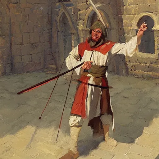 Image similar to man in medieval clothes aiming a bow by craig mullins, greg manchess, bernie fuchs, walter everett, lost edges