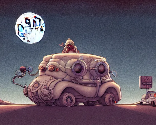 Image similar to a cell shaded cartoon grey lovecraftian mechanized santa, rotund shape, on a desert road, wide shot, in front of a big moon, muted colors, post grunge, josan gonzales, wlop, by james jean, victor ngai, hq, deviantart, art by artgem