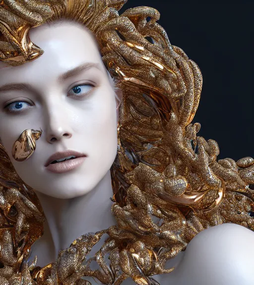 Prompt: beauteous practical sumptuous white pearlescent biomechanical with gold, copper, bronze, iridescent titanium, lifelike ossified incredible hair, crystalline masterpiece incrustations, hyperdetailed face, elegant pose, specular highlights, intricate, octane render, cinematic forest lighting, unreal engine,