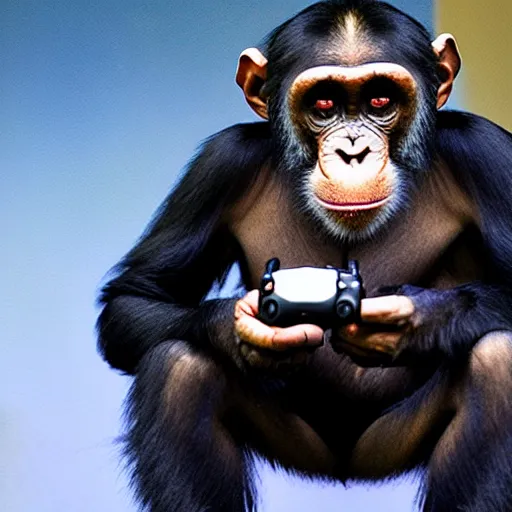 Image similar to chimpanzee playing video games, headphones on his head