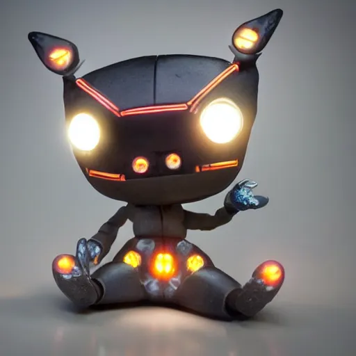 Prompt: a highly detailed vinyl figure with lighting bolts coming out of its eyes it is pointing to the right, square nose, electric eyes, sparking eyes, realistic lighting, realistic reflections