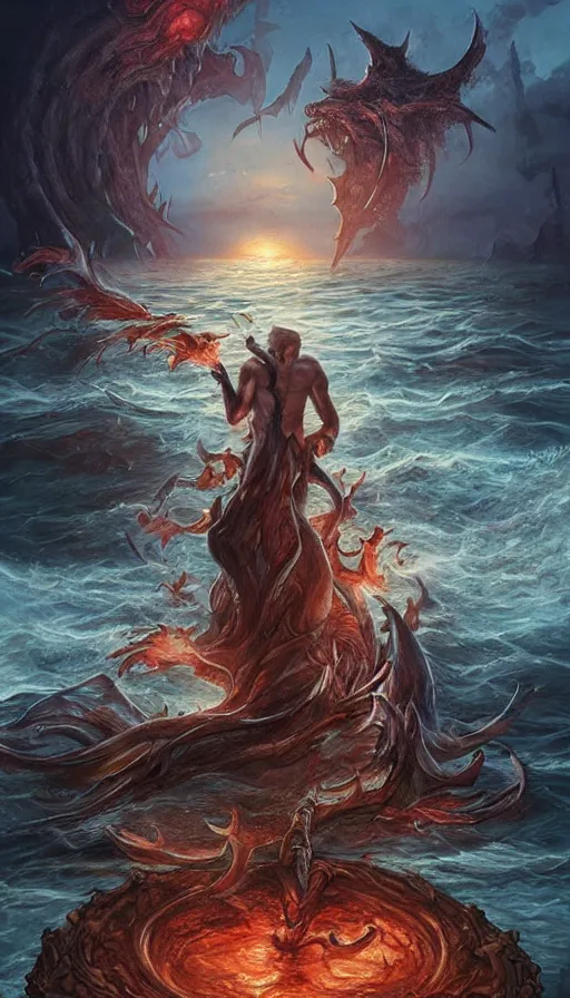 Prompt: man on boat crossing a body of water in hell with creatures in the water, sea of souls, by artgerm