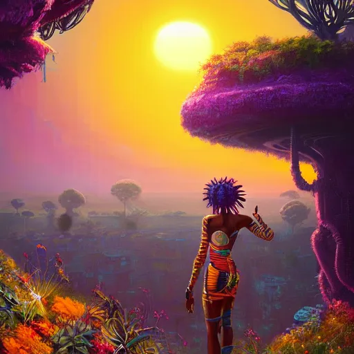 Image similar to an exotic african cyberpunk woman with colorful dreadlocks sitting on a cliff overlooking a field of colorful flowers with a giant glowing baobab tree in the middle, it is sunset, by greg rutkowski and android jones and Alena Aenami in a surreal cyberpunk! style, oil on canvas, 8k hd,