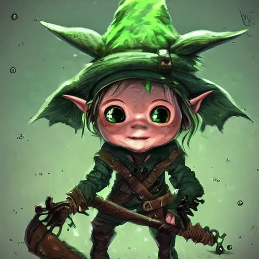 cute tiny goblin girl with green skin wearing hunter | Stable Diffusion