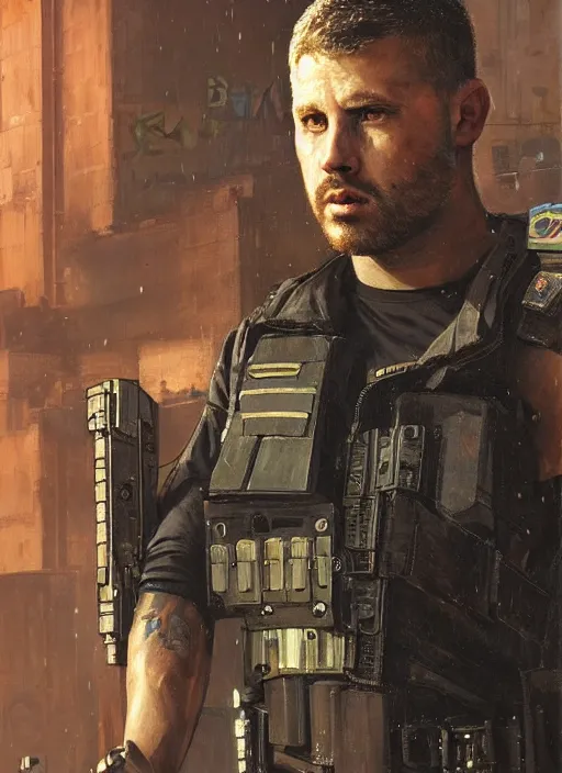 Prompt: cyberpunk police trooper in a military vest ( blade runner 2 0 4 9, cyberpunk 2 0 7 7 ). orientalist portrait by john william waterhouse and james gurney and theodore ralli and nasreddine dinet, oil on canvas. cinematic, hyper realism, realistic proportions, dramatic lighting, high detail 4 k