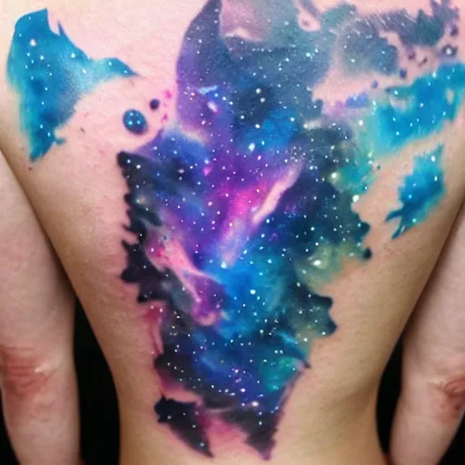 Image similar to A galaxy wolf shaped nebula watercolor tattoo, highly detailed,