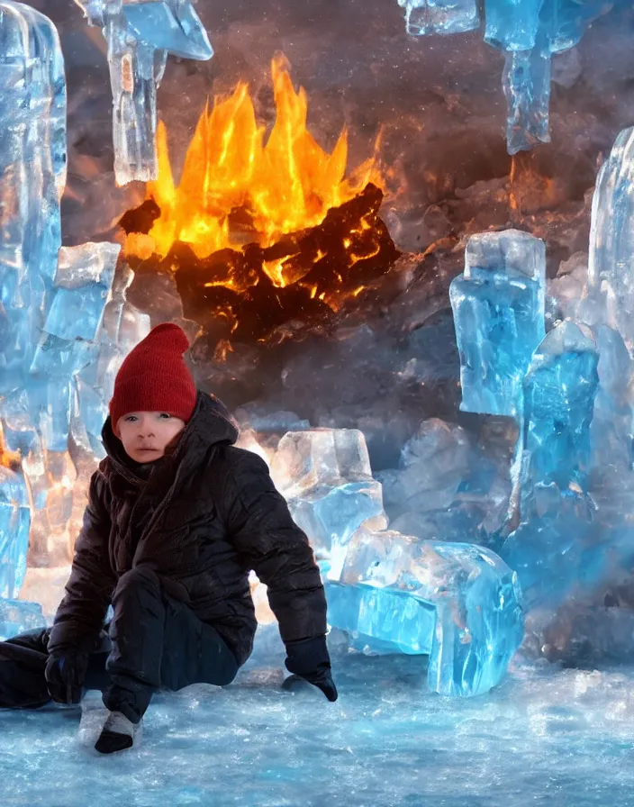 Image similar to mini version of iceman, sitting in a room filled with fire, cinematic, award-winning, 8k, hyperrealistic