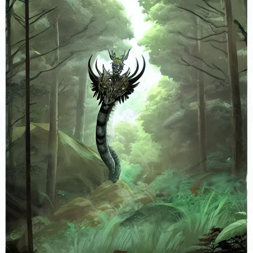 Image similar to concept art painting of an anthropomorphic dragon king with robes, a long neck, and horned skull mask, in a deep forest, cel shaded, in the style of makoto shinkai and james gurney and studio ghibli and moebius