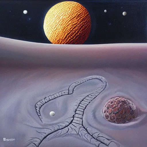 Prompt: A great worm comes out of sand on another planet, fantasy, eerie, oil painting by Bekinski