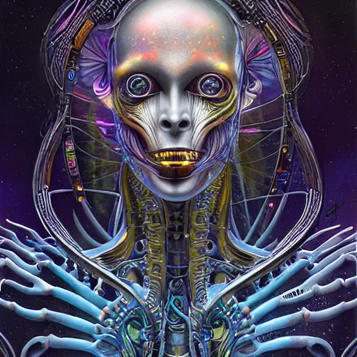 Prompt: cosmic fractal giger biopunk alien, pixar style, by tristan eaton stanley artgerm and tom bagshaw.