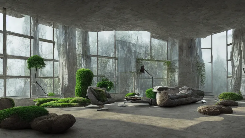 Prompt: a wide angle, utopian dreamy retrofuturistic living room, wabi - sabi, moss in the walls, windows to foggy garden by vincent callebaut and james jean and nikita replyanski and mark ryden, vray render 4 k