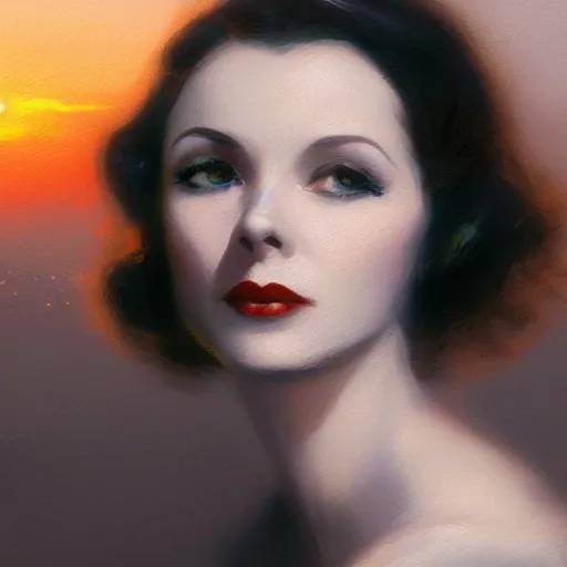 Image similar to a closeup portrait of a young vivian leigh, 1 9 2 0 s, femme fatale, gorgeous view, sunset, film noir, serene, high detail, depth, masterpiece by greg rutkowski, digital art, trending on artstation