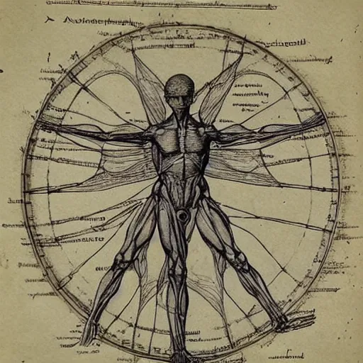 Image similar to page of an old anatomy book of fantastic creatures, depicting the anatomy of a magical fairy, laid out like the vitruvian man, old parchment