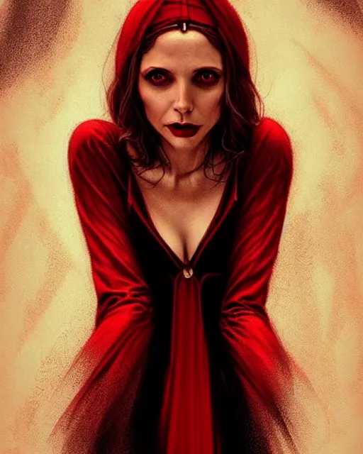 Image similar to Scarlet witch outfit Sarah Michelle Gellar, black magic, realistic character concept, full body, scary pose, comic book, illustration,;cinematic lighting, high resolution, Charlie Bowater, Norman Rockwell, symmetrical eyes, single face, insanely detailed and intricate, beautiful