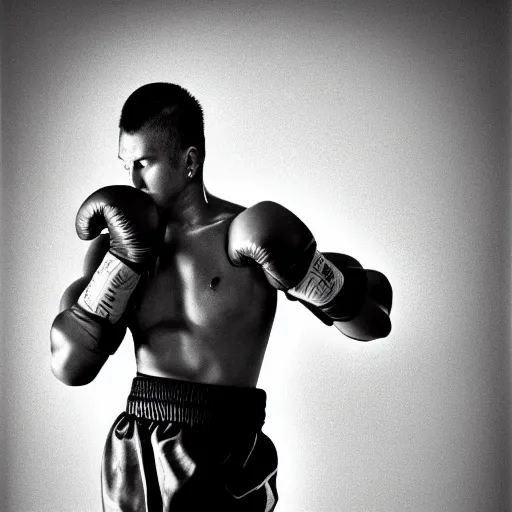 Prompt: black and white photo, portrait of k1 kickboxer by richard avedon, realistic, Leica, medium format, cinematic lighting, parallax, high resolution,