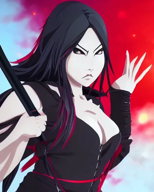 Prompt: beautiful female asian vampire ninja showing her fangs, in a menacing pose, anime key visual, clean linework