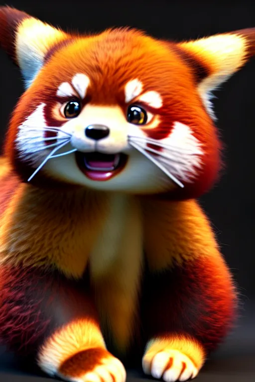 Image similar to high quality 3 d render hyperrealist very cute red panda & cat hybrid, vray, detective pikachu, very dramatic light, low angle, uhd 8 k, shallow depth or field