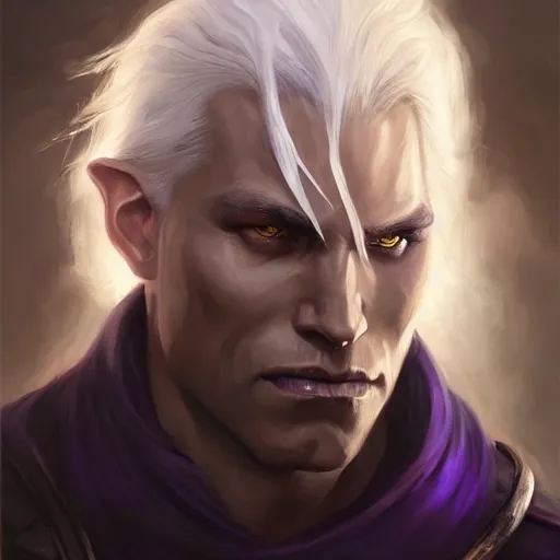 Image similar to realistic portrait of drizzt du orden by r. a. salvatore, dark elf with purple eyes and white hair, trending on artstation, low angle oil painting and composition laws, cinematic lighting, hyperdetailed, cgsociety, 8 k