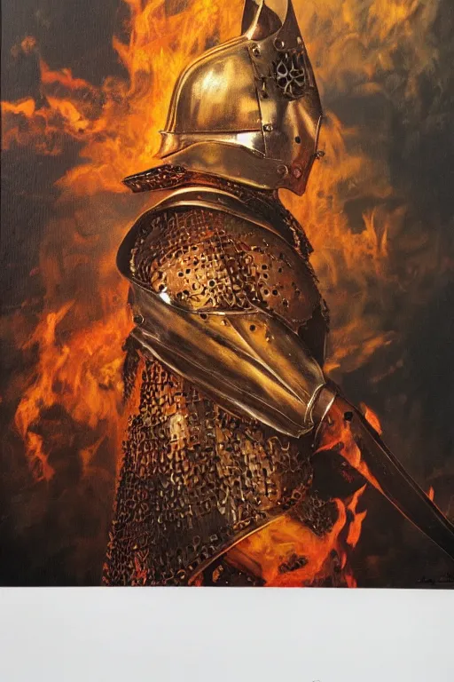 Prompt: hyperrealism oil painting, close-up portrait of medieval european fashion model, knight, steel gradient mixed with fire sky, in style of baroque mixed with 70s japan book art