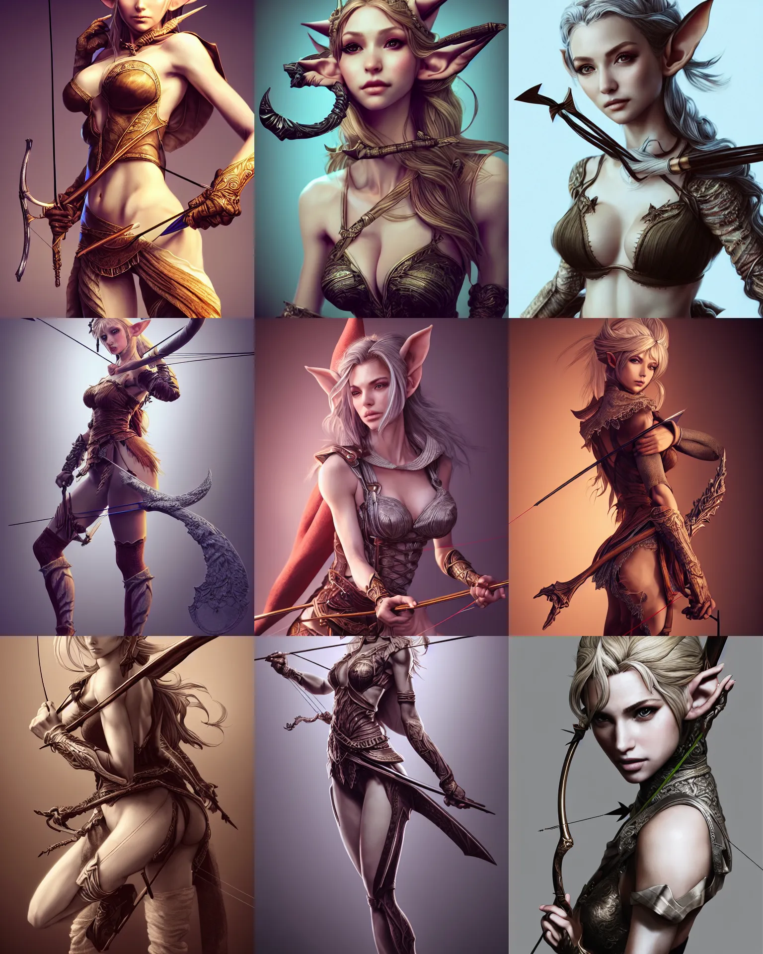Prompt: upper half body portrait of stunning female elf super model absurdly beautiful, gorgeous, elegant, holding bow and arrow, an ultrafine hyperdetailed illustration by kim jung gi, irakli nadar, artgerm, intricate linework, octopath traveler, final fantasy, unreal engine 5 highly rendered, global illumination, radiant light