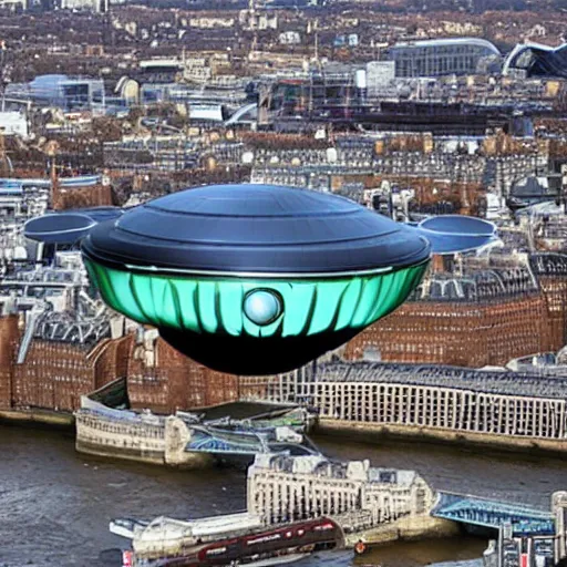 Prompt: an alien spacecraft hanging menacingly over London, photo