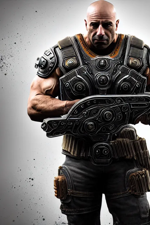 Image similar to Joe Rogan as a muscular Gears of War character, photorealism, full body, white ambient background, unreal engine 5, hyperrealistic, highly detailed, XF IQ4, 150MP, 50mm, F1.4, ISO 200, 1/160s, natural light, Adobe Lightroom, photolab, Affinity Photo, PhotoDirector 365, realistic