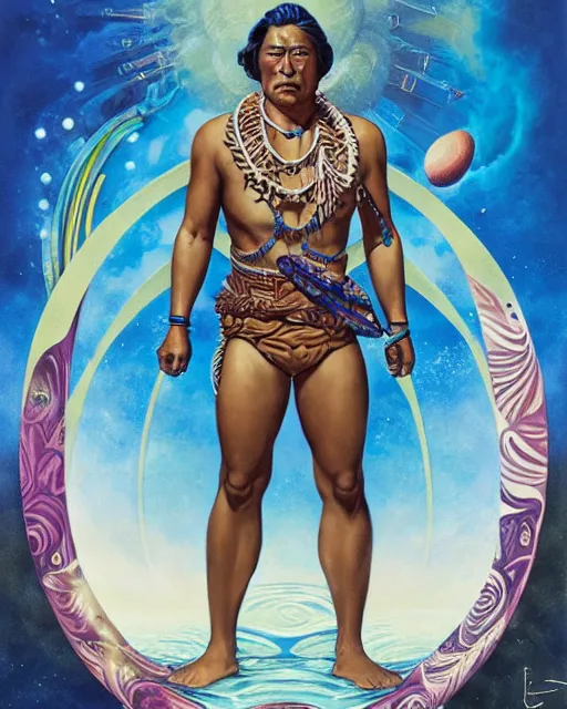 Image similar to duke kahanamoku as a hawaiian warrior surrounded by intergalactic planets connected by streams of magical flow, sigma male, gigachad, visually stunning, luxurious, by james jean, jakub rebelka, tran nguyen, peter mohrbacher, yoann lossel