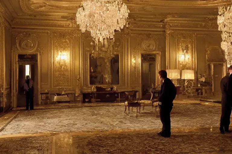 Prompt: cinematography of detectives investigating a crime scene in an decadent palace foyer by Emmanuel Lubezki