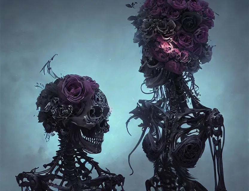 Image similar to a chaotic goddess of death skeleton as a heroine, intricate, elegant skull black rose s day of the dead atmospheric, dramatic, Trending on artstation. augmentations and cybernetic enhancements neon circuits, greg rutkowski , hyperrealist, cinema4D, 8k highly detailed