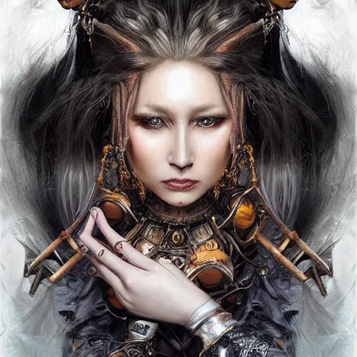 Image similar to portrait, headshot, insanely nice professional hair style, dramatic hair color, digital painting, of a old 17th century, old cyborg merchant, amber jewels, baroque, ornate clothing, scifi, realistic, hyperdetailed, chiaroscuro, concept art, art by Franz Hals and Jon Foster and Ayami Kojima and Amano and Karol Bak,