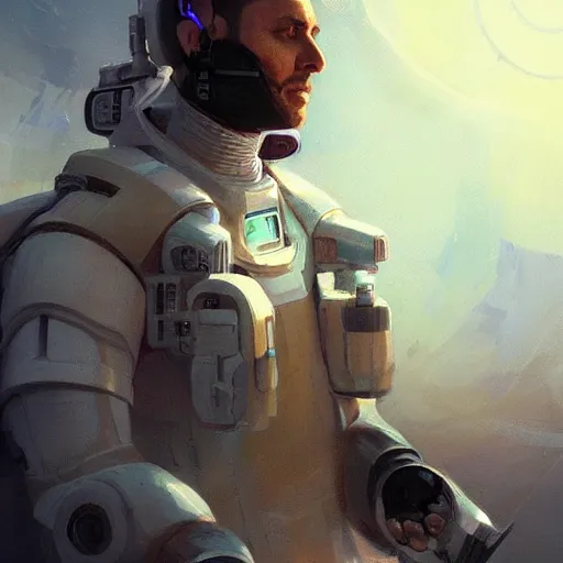 Prompt: a middle eastern starship medical officer with cybernetic enhancements, sci fi character portrait by greg rutkowski, craig mullins