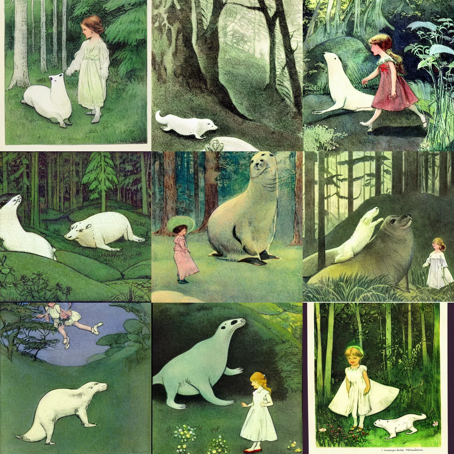 Prompt: a vintage storybook illustration of a little girl and a large white seal wandering the prehistoric Mesozoic Era in the style of Jessie Willcox Smith, green flora forest, monochromatic, nature, 1908