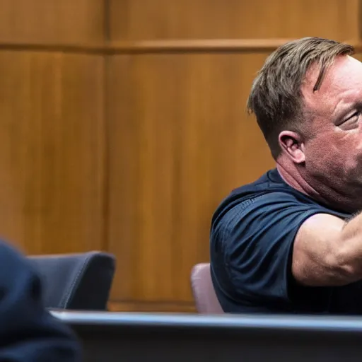 Prompt: Alex Jones desperately reaching for his out of reach phone in the courtroom, (EOS 5DS R, ISO100, f/8, 1/125, 84mm, RAW, sharpen, unblur)