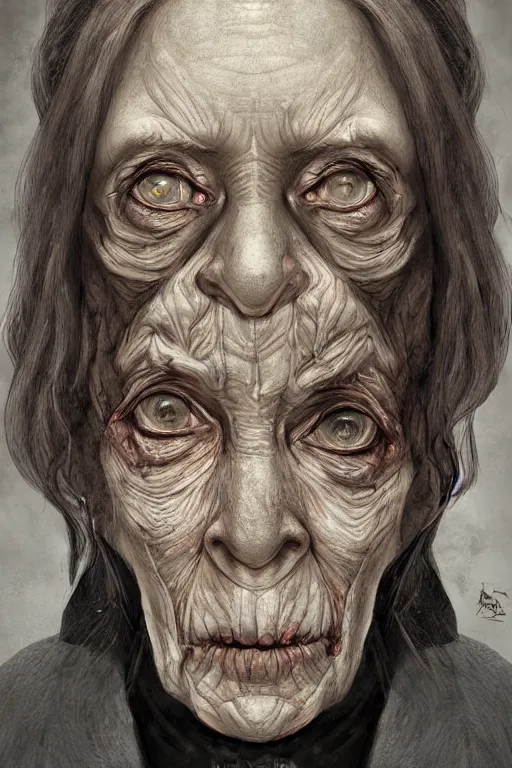 Prompt: portrait, headshot, digital painting, of an old creepy woman, muntant, hyperdetailed, concept art, art by Franz Hals