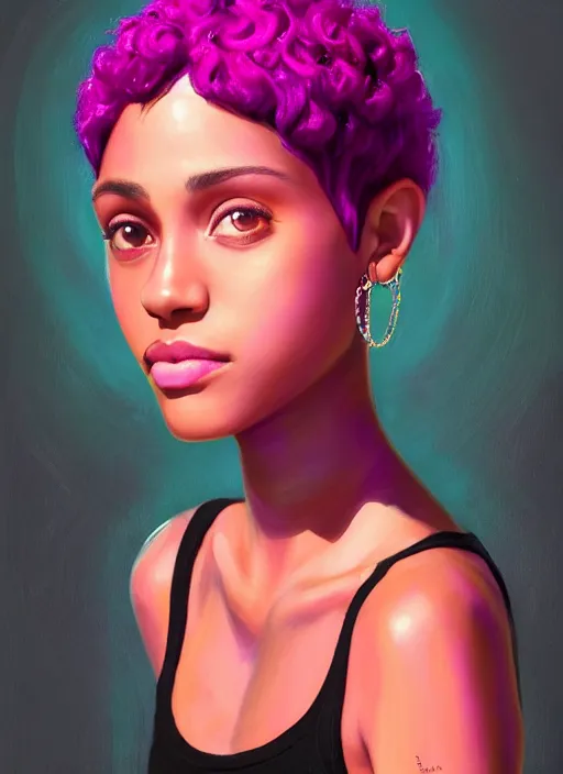 Image similar to portrait of teenage vanessa morgan with bright pink hair, black girl, curly pixie cut hair, wearing a purple breton cap, breton cap, hoop earrings, intricate, elegant, glowing lights, highly detailed, digital painting, artstation, concept art, smooth, sharp focus, illustration, art by wlop, mars ravelo and greg rutkowski