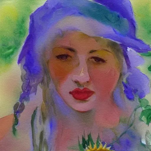 Image similar to molly sanden, watercolor, in the style of claude monet, beautiful face, sunflowers, award winning, hd, 4 k, purple, blue -