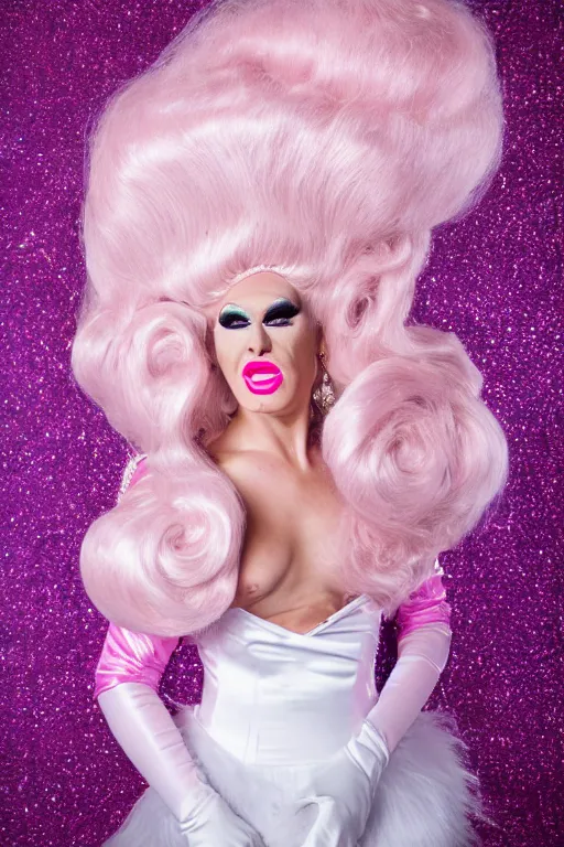 Prompt: portrait of a drag queen (man in drag) wearing: heavy drag makeup, pink glitter mermaid gown, white satin gloves, huge pink wig with bouffant hairdo and decorated with a hairbow, pink 7 inch high heels