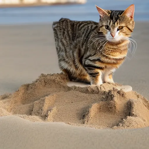 Image similar to a tabby cat building a sandcastle on the beach