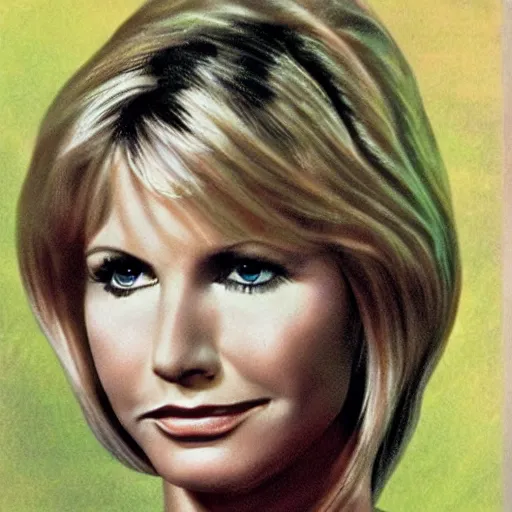 Prompt: beautiful portrait of Olivia Newton-John on a poster for a 1970's movie, colored, highly detailed