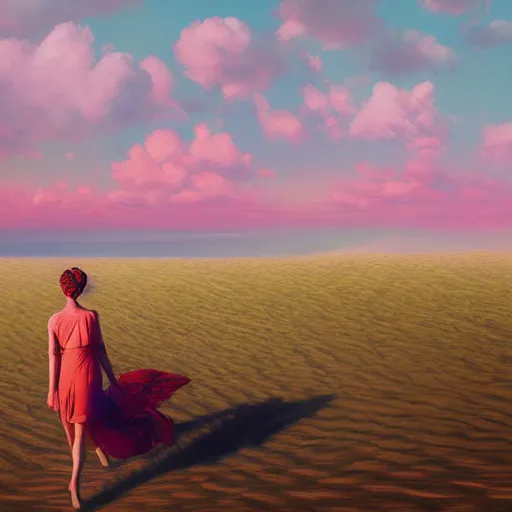 Prompt: portrait, giant dahlia flower head, girl walking between dunes, surreal photography, sunrise, blue sky, dramatic light, impressionist painting, digital painting, artstation, simon stalenhag