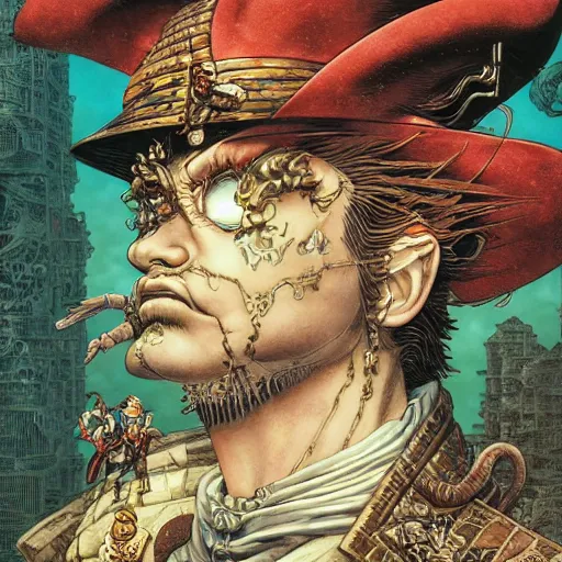 Prompt: portrait of crazy pirate, symmetrical, depth of field, by yoichi hatakenaka, masamune shirow, josan gonzales and dan mumford, ayami kojima, takato yamamoto, barclay shaw, karol bak, yukito kishiro