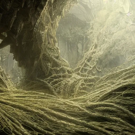 Prompt: biocomputer organs inside a bioneural antique lace in a biomechanical cave forest, epic environment, matte painting, diffused lighting, highly detailed cinematic, epic atmosphere, diffused lighting, highly detailed digital art, trending on artstation, depth of field, wide angle