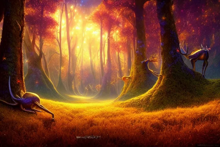 Prompt: vivid surreal landscape : : magic forest nature : : weta disney pixar movie still photo : : decadent highly - detailed digital painting, full length shot, golden, golden hour, galaxies, stars, light trails, ratio, octane render, artstation, smooth, sharp focus, artgerm, mucha, loish, wlop, gogo